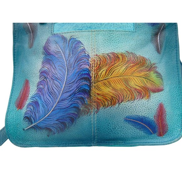 Anuschka Leather Crossbody Purse Wallet Teal Blue Feather Peacock Hand Painted - Picture 7 of 16